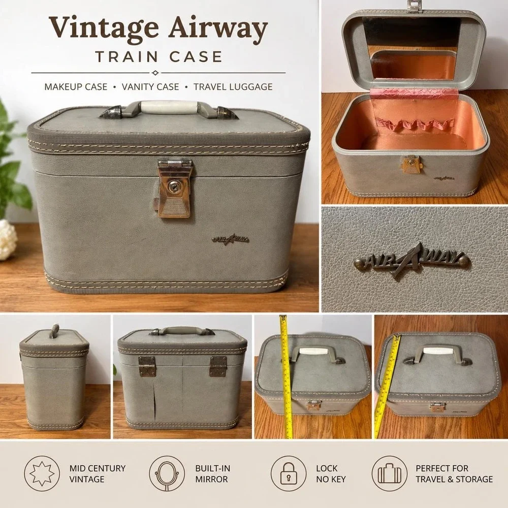 Vintage Airway Train Case Gray Hard Shell Makeup Cosmetic Vanity Case w Mirror